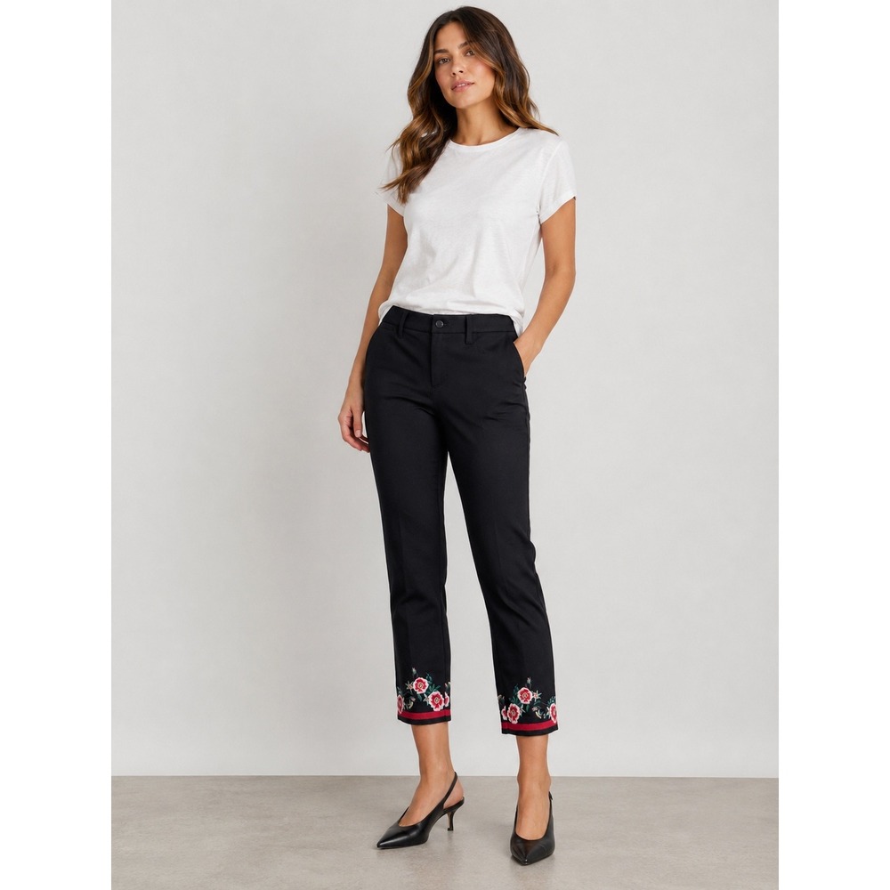 Cambio‎ Lilian Cropped Embroidered Floral Pants Black Size 12 Ankle Zip Trousers